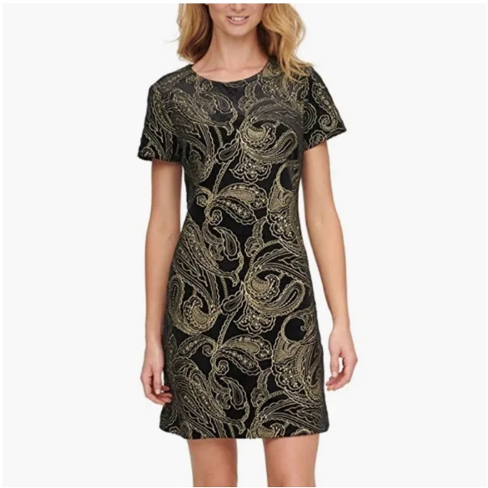 Calvin Klein short sleeve black/gold embroidered velvet dress size 14